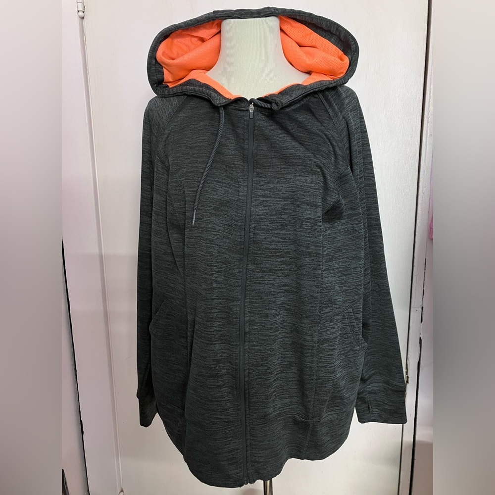 Women’s Full Zip Front Hoodie, Dk. Gray/Orange, 2X (18W-20W), Workout/Leisure